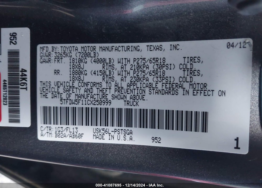 2012 TOYOTA TUNDRA GRADE 5.7L V8 VIN: 5TFDW5F11CX250999