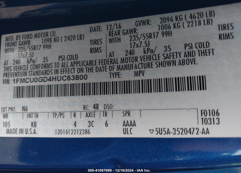 2017 FORD ESCAPE SE VIN: 1FMCU0GD4HUC63800