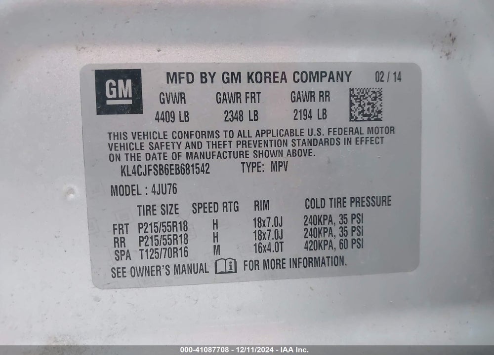 2014 BUICK ENCORE CONVENIENCE VIN: KL4CJFSB6EB681542
