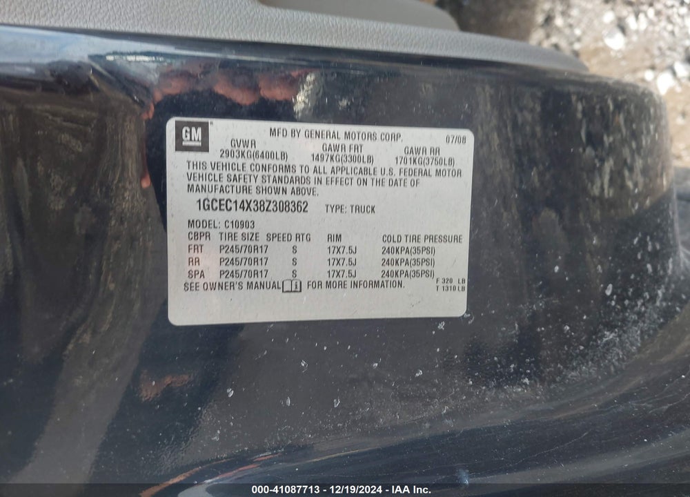 2008 CHEVROLET SILVERADO 1500 WORK TRUCK VIN: 1GCEC14X38Z308362