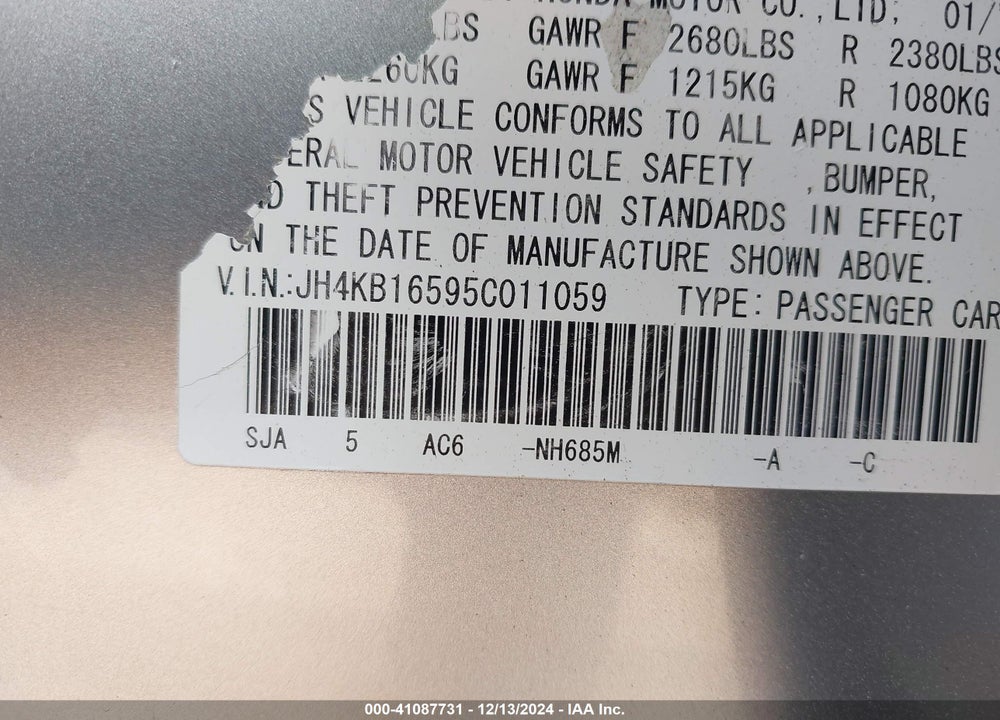 2005 ACURA RL 3.5 VIN: JH4KB16595C011059