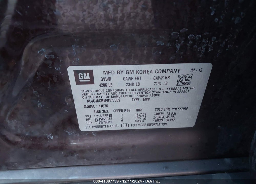 2015 BUICK ENCORE CONVENIENCE VIN: KL4CJBSB1FB177359