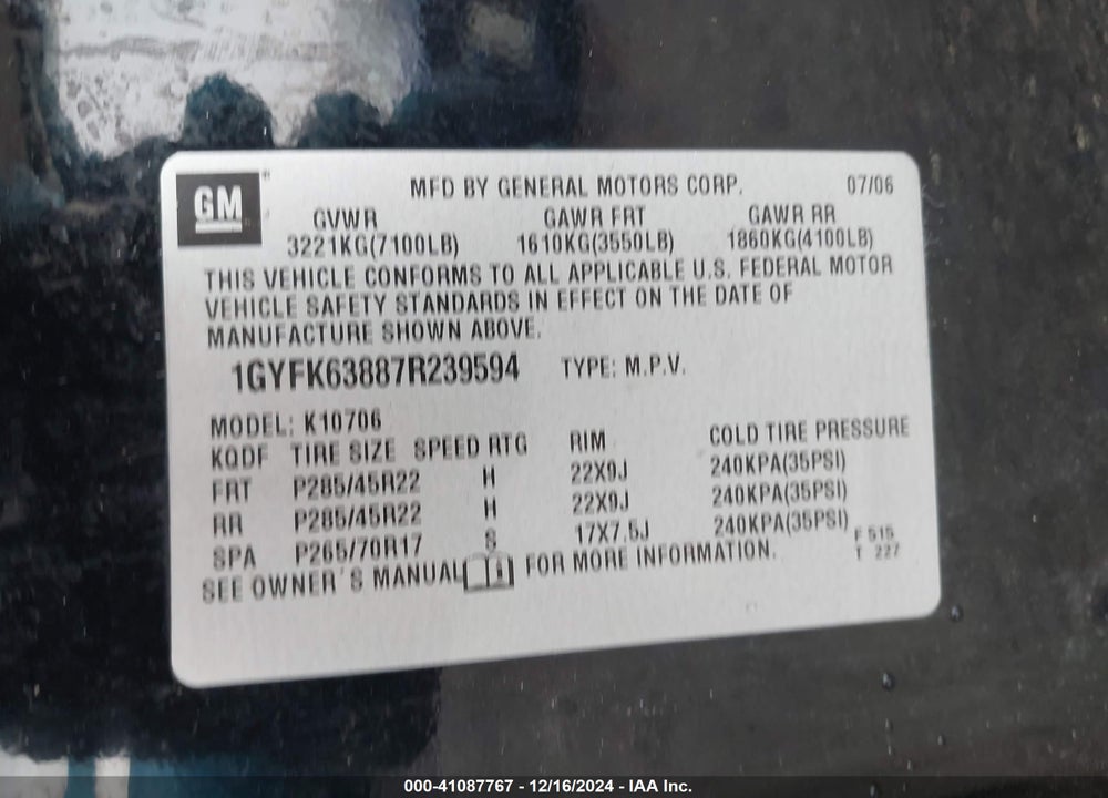 2007 CADILLAC ESCALADE STANDARD VIN: 1GYFK63887R239594