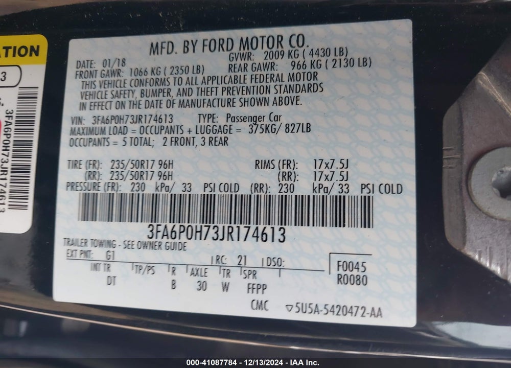 2018 FORD FUSION SE VIN: 3FA6P0H73JR174613