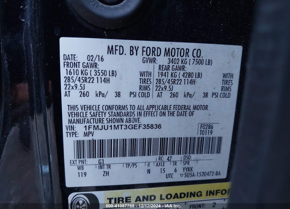 2016 FORD EXPEDITION PLATINUM VIN: 1FMJU1MT3GEF35836