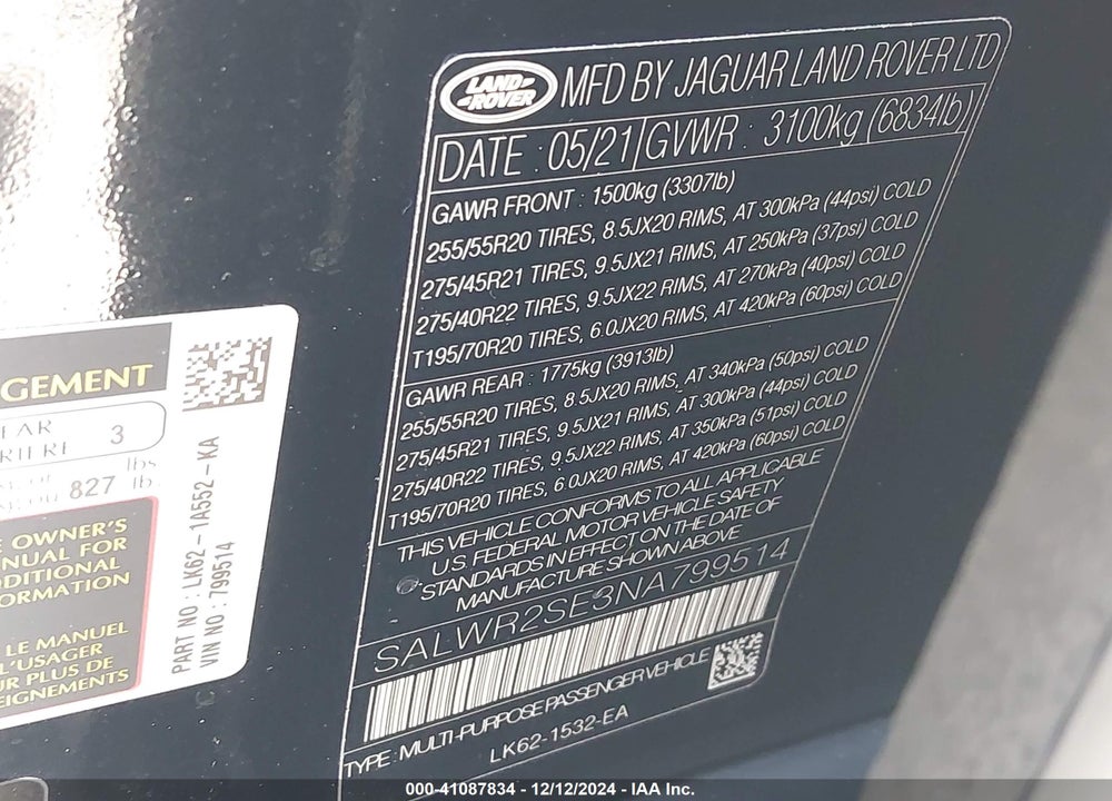 2022 LAND ROVER RANGE ROVER SPORT HSE DYNAMIC VIN: SALWR2SE3NA799514