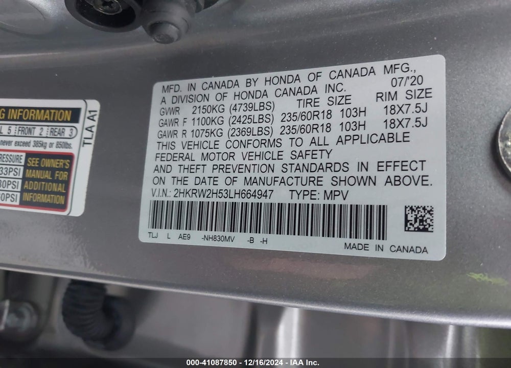 2020 HONDA CR-V AWD EX VIN: 2HKRW2H53LH664947