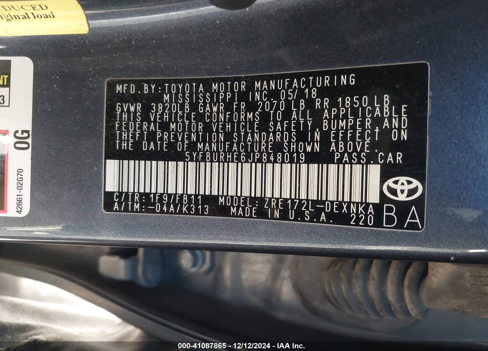 2018 TOYOTA COROLLA VIN: 5YFBURHE6JP848019