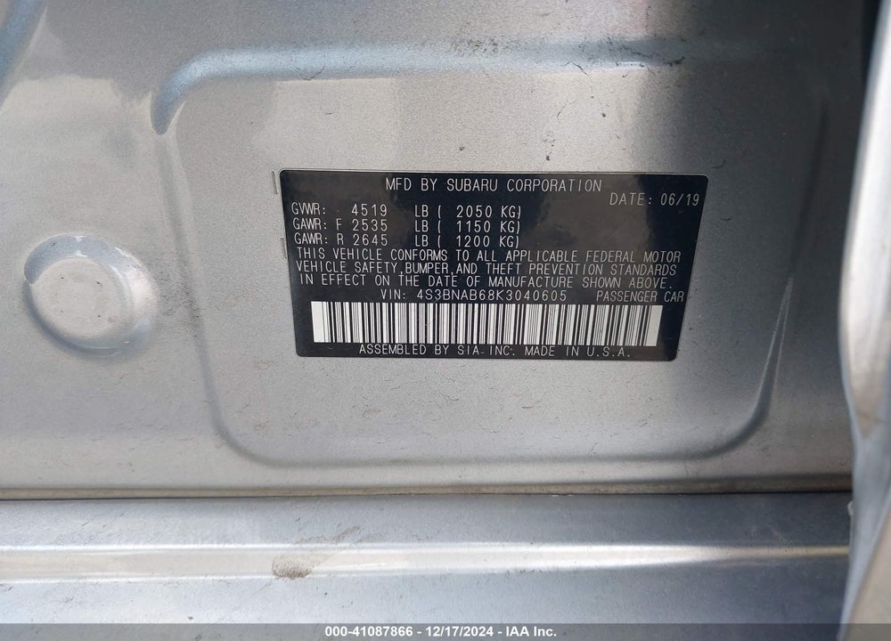 2019 SUBARU LEGACY VIN: 4S3BNAB68K3040605