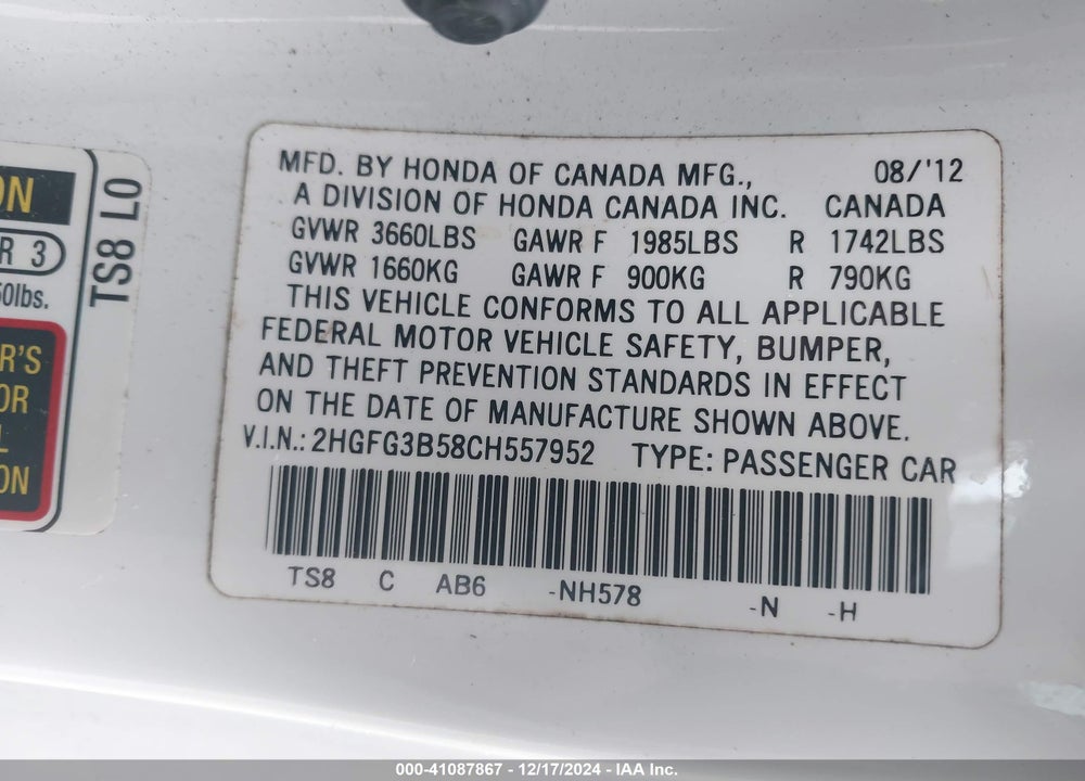 2012 HONDA CIVIC LX VIN: 2HGFG3B58CH557952