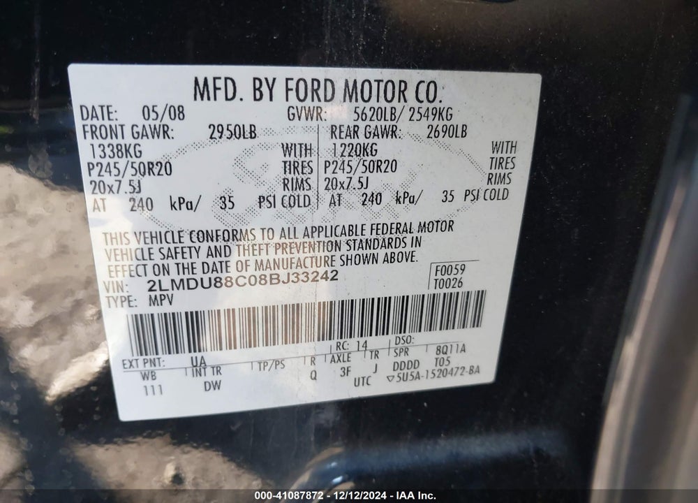 2008 LINCOLN MKX VIN: 2LMDU88C08BJ33242