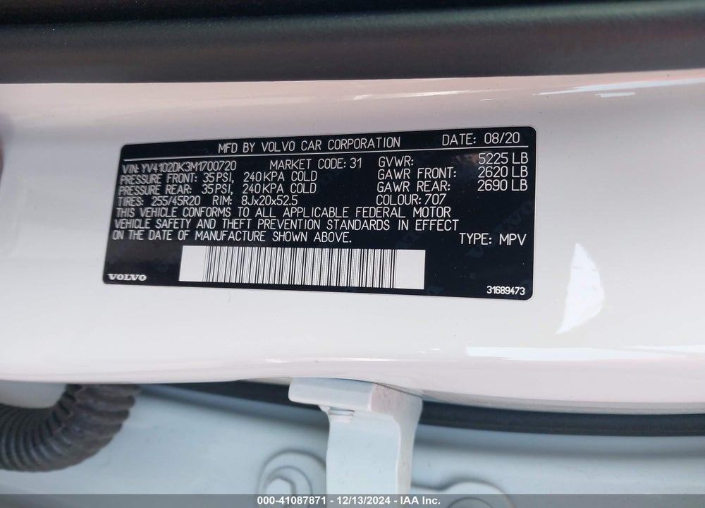 2021 VOLVO XC60 T5 MOMENTUM VIN: YV4102DK3M1700720