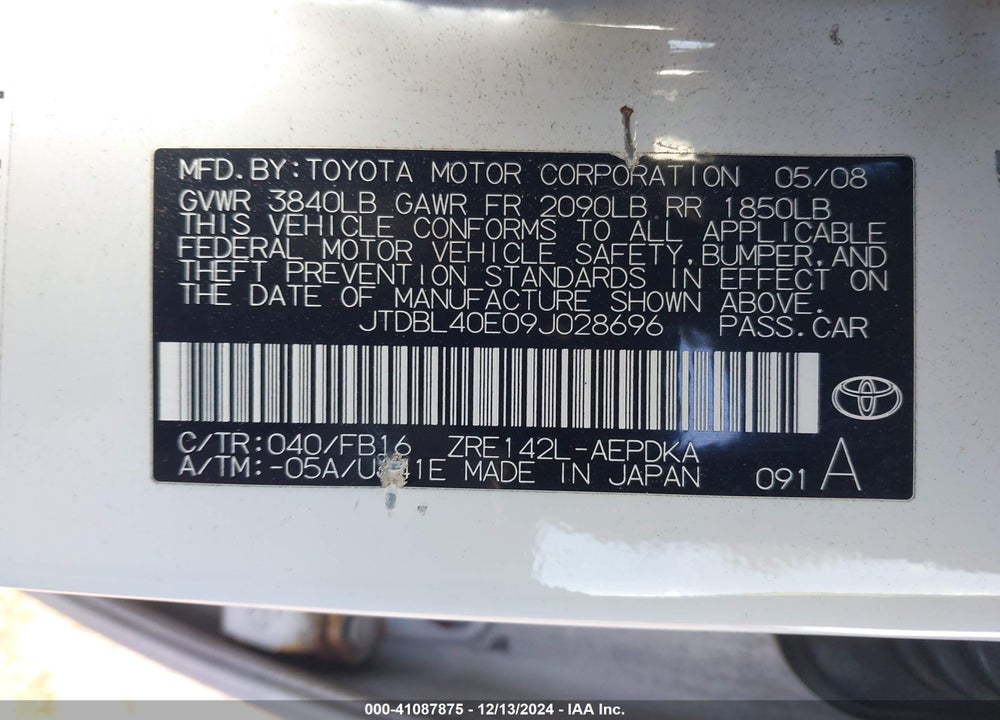 2009 TOYOTA COROLLA LE VIN: JTDBL40E09J028696