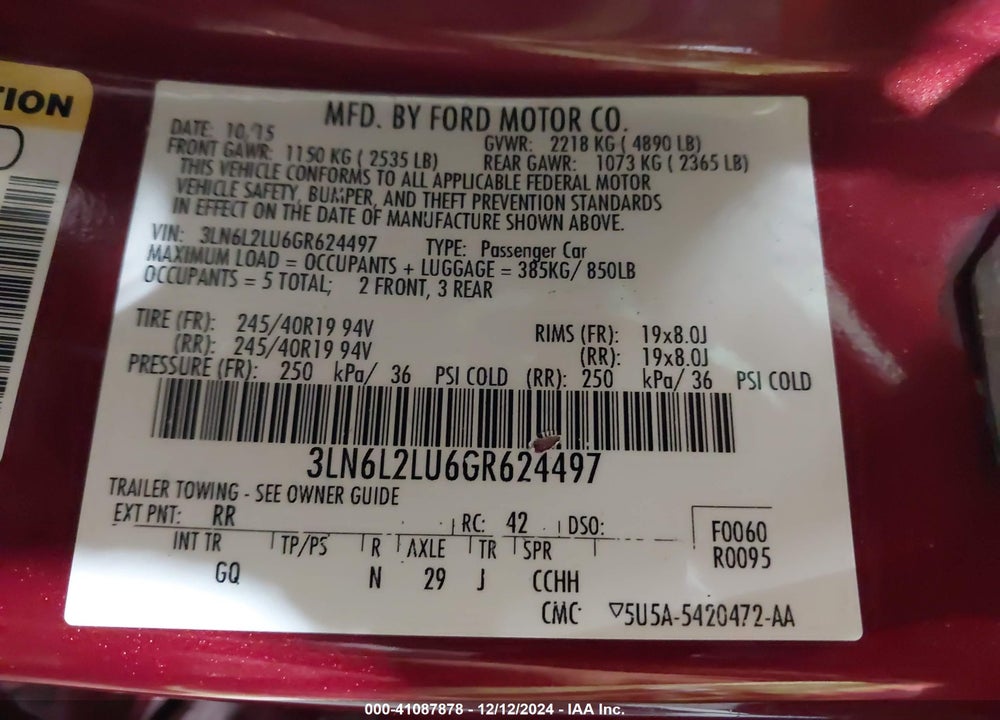 2016 LINCOLN MKZ HYBRID VIN: 3LN6L2LU6GR624497