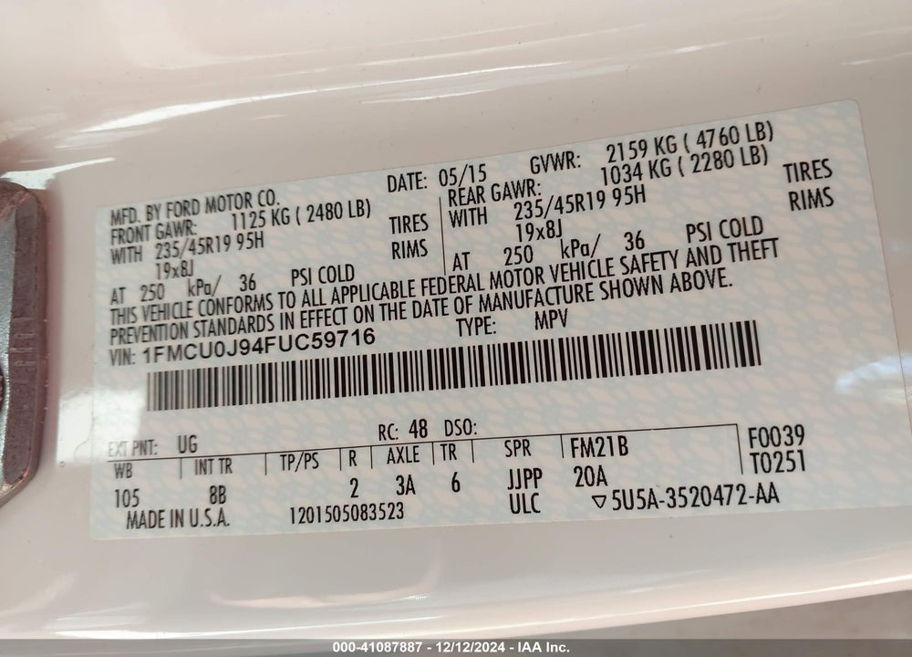 2015 FORD ESCAPE TITANIUM VIN: 1FMCU0J94FUC59716