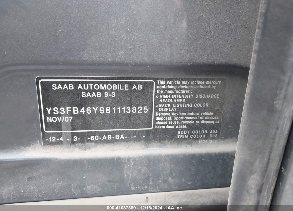 2008 SAAB 9-3 2.0T VIN: YS3FB46Y981113825