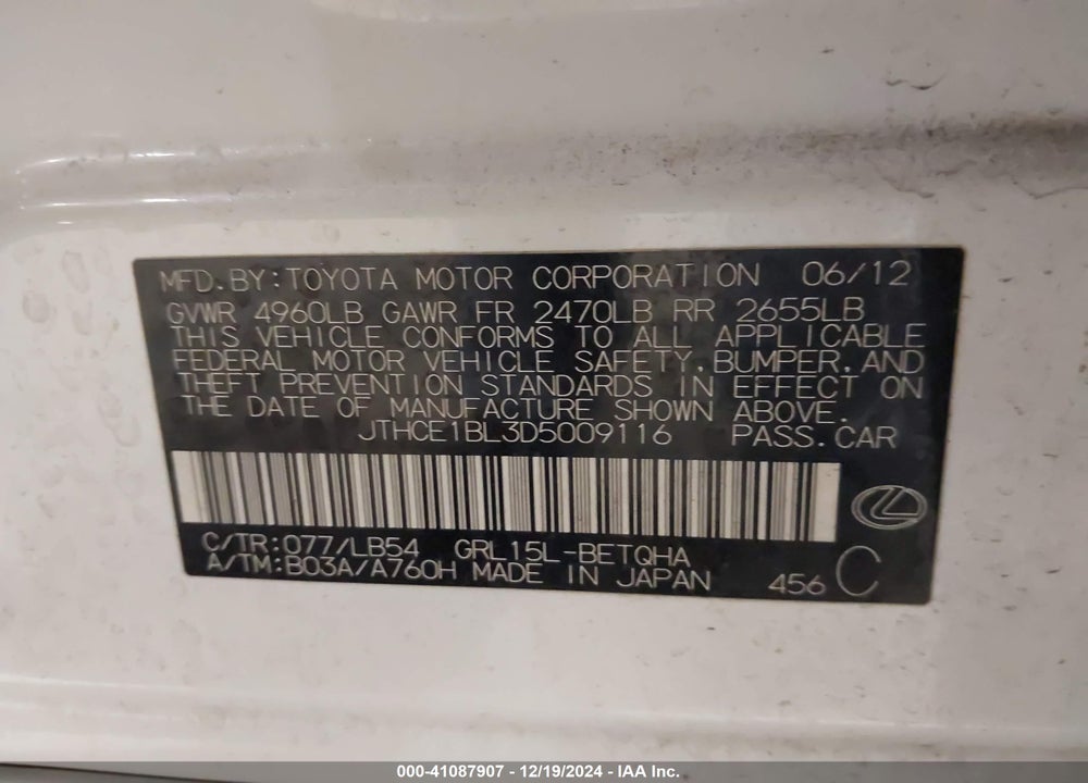 2013 LEXUS GS VIN: JTHCE1BL3D5009116