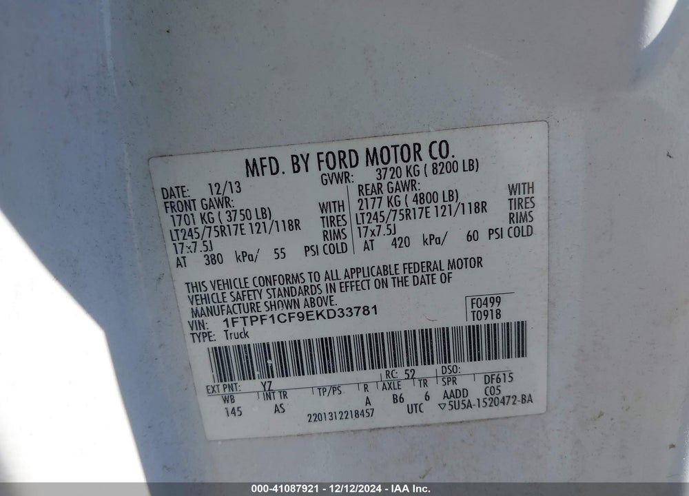 2014 FORD F-150 VIN: 1FTPF1CF9EKD33781