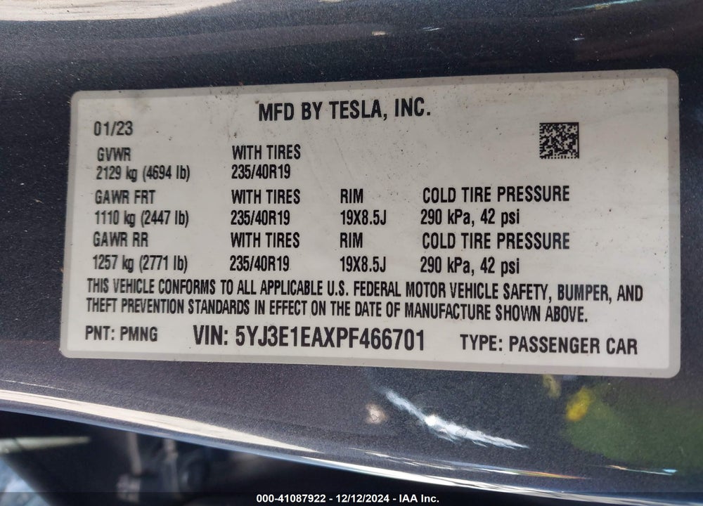 2023 TESLA MODEL 3 VIN: 5YJ3E1EAXPF466701