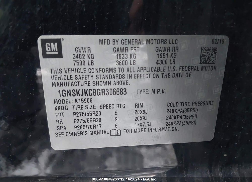 2016 CHEVROLET SUBURBAN LTZ VIN: 1GNSKJKC8GR306683