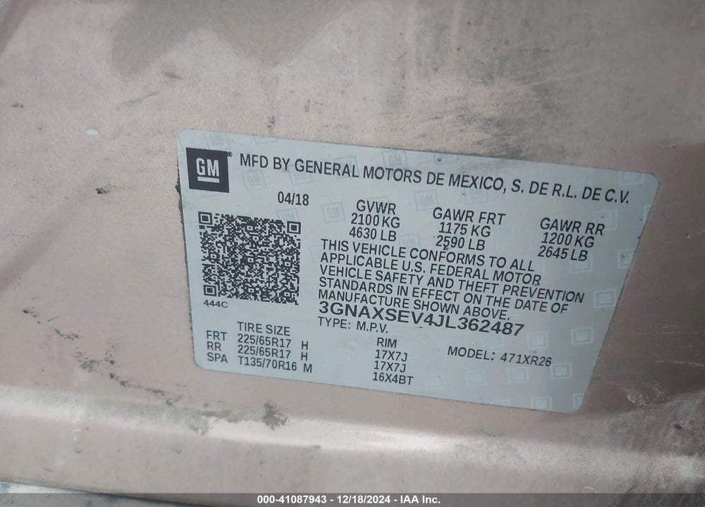 2018 CHEVROLET EQUINOX LT VIN: 3GNAXSEV4JL362487