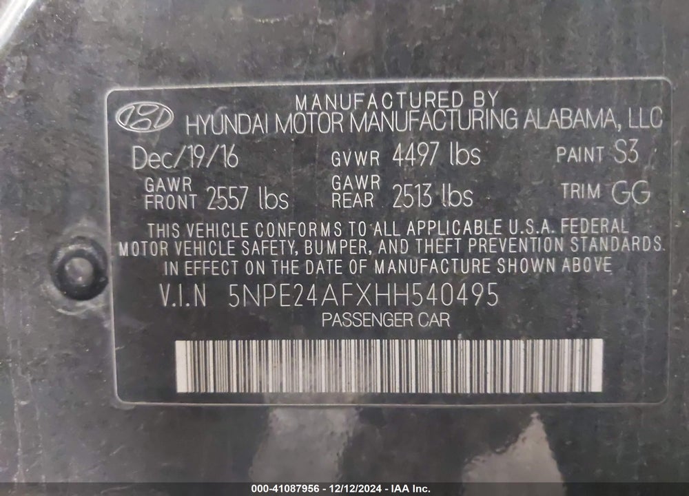 2017 HYUNDAI SONATA VIN: 5NPE24AFXHH540495