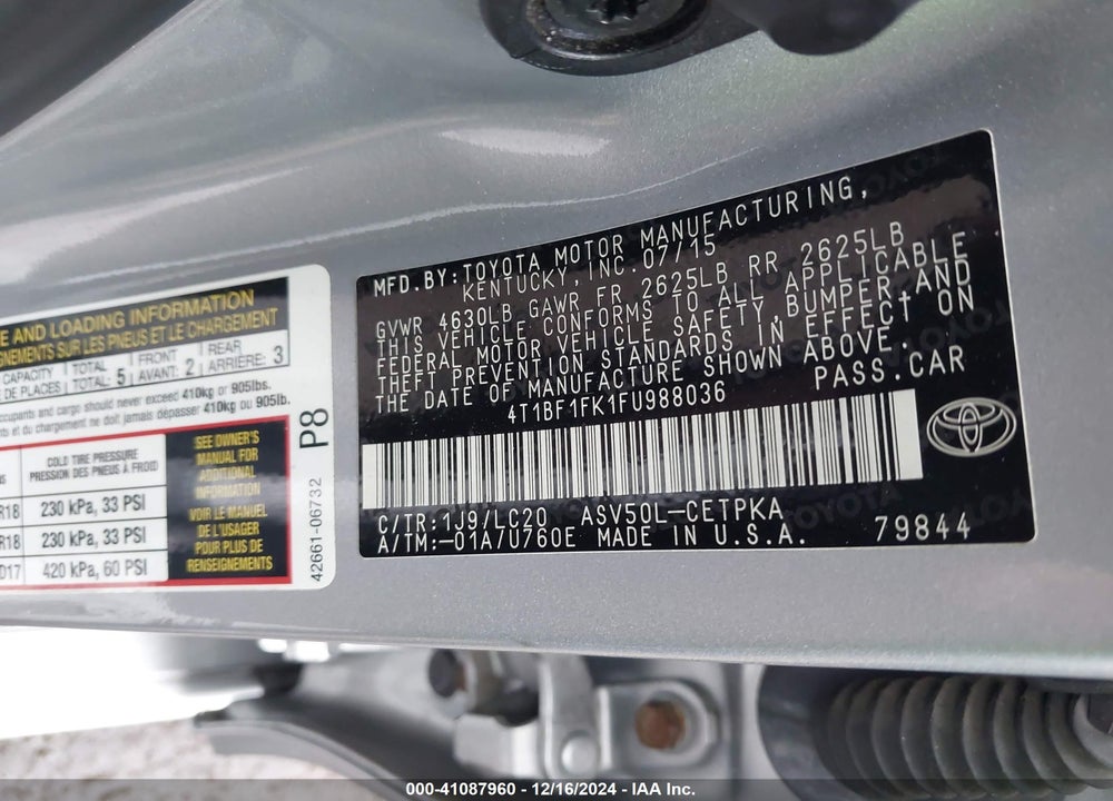 2015 TOYOTA CAMRY XSE VIN: 4T1BF1FK1FU988036