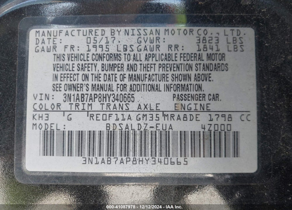 2017 NISSAN SENTRA SV VIN: 3N1AB7AP8HY340665