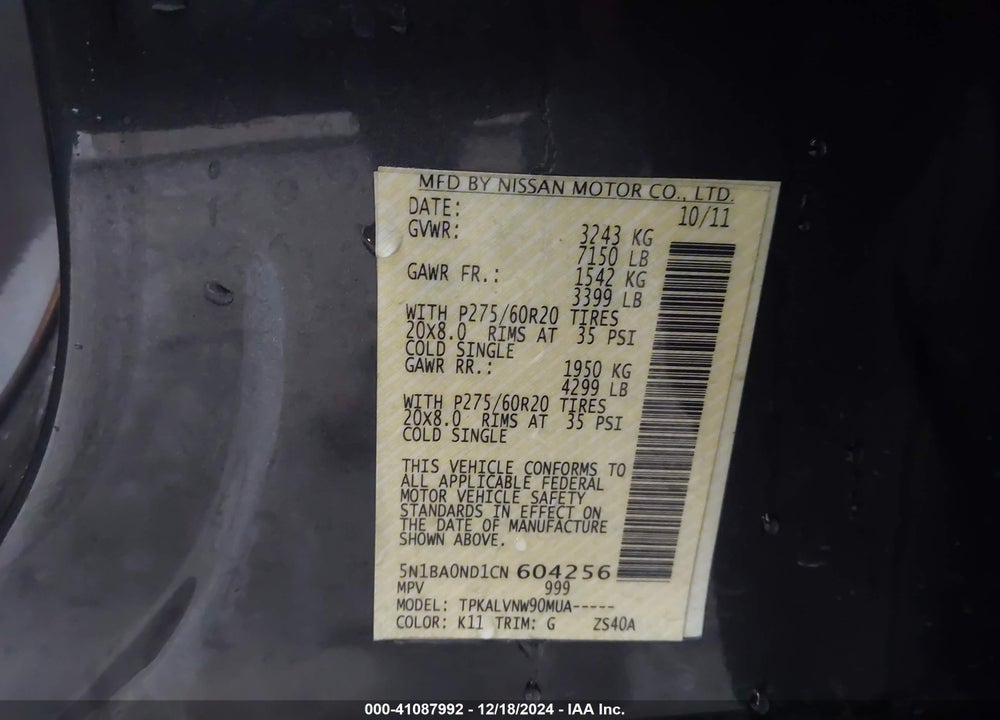 2012 NISSAN ARMADA SL VIN: 5N1BA0ND1CN604256
