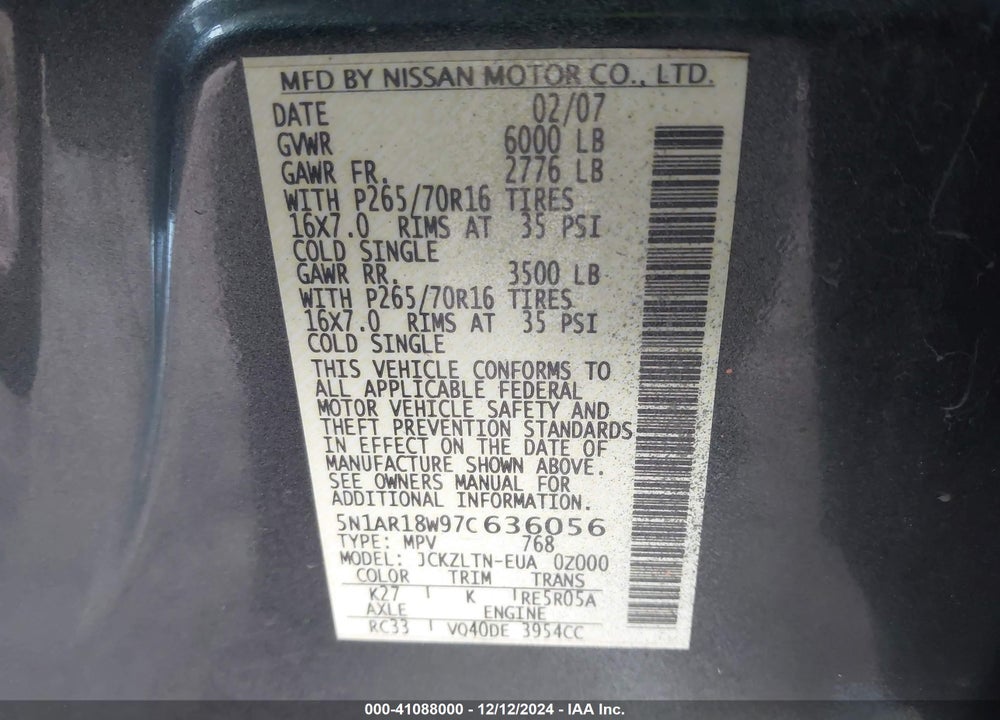 2007 NISSAN PATHFINDER SE VIN: 5N1AR18W97C636056