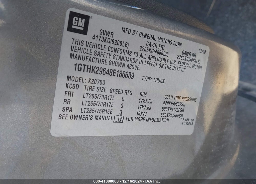 2008 GMC SIERRA VIN: 1GTHK29648E186639