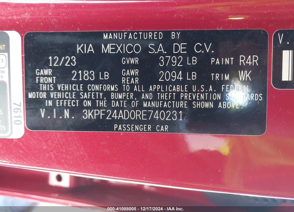 2024 KIA FORTE VIN: 3KPF24AD0RE740231