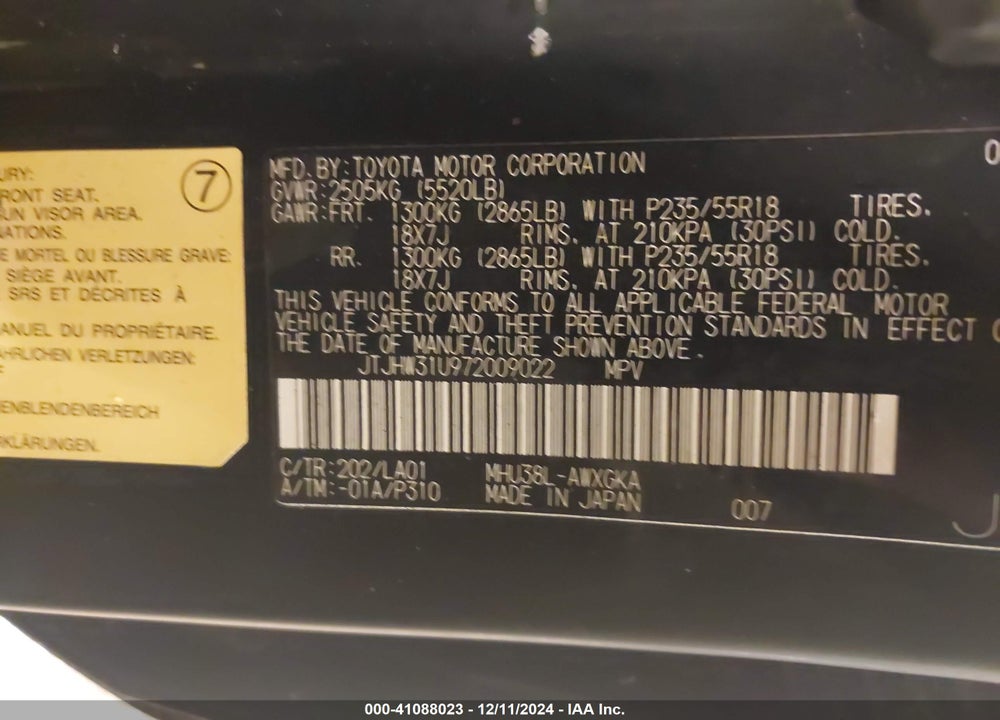 2007 LEXUS RX 400H VIN: JTJHW31U972009022