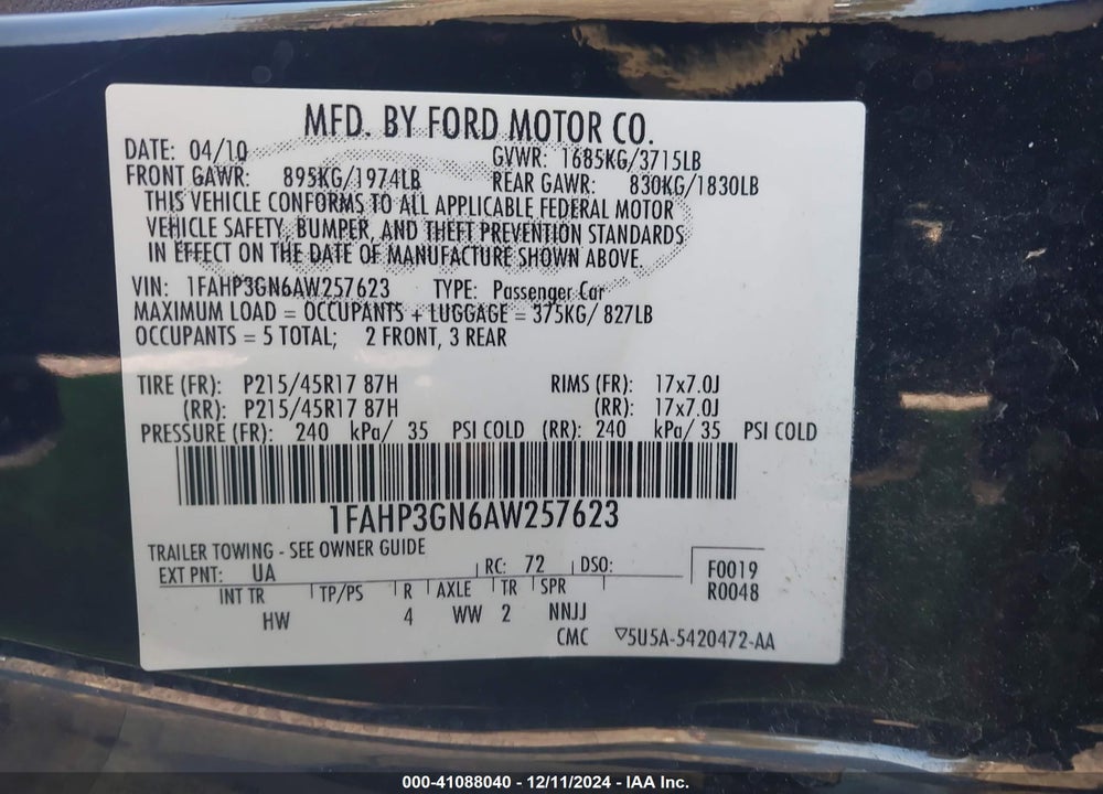2010 FORD FOCUS SES VIN: 1FAHP3GN6AW257623