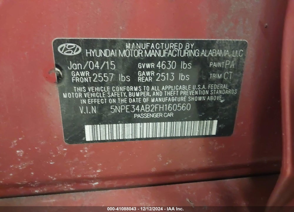 2015 HYUNDAI SONATA VIN: 5NPE34AB2FH160560