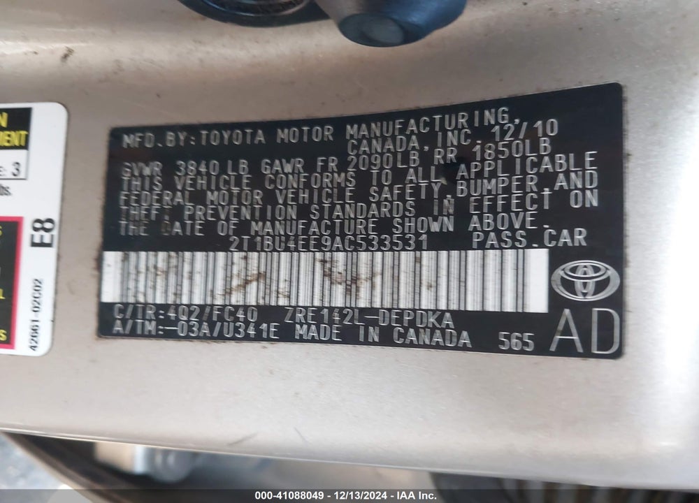 2010 TOYOTA COROLLA LE VIN: 2T1BU4EE9AC533531