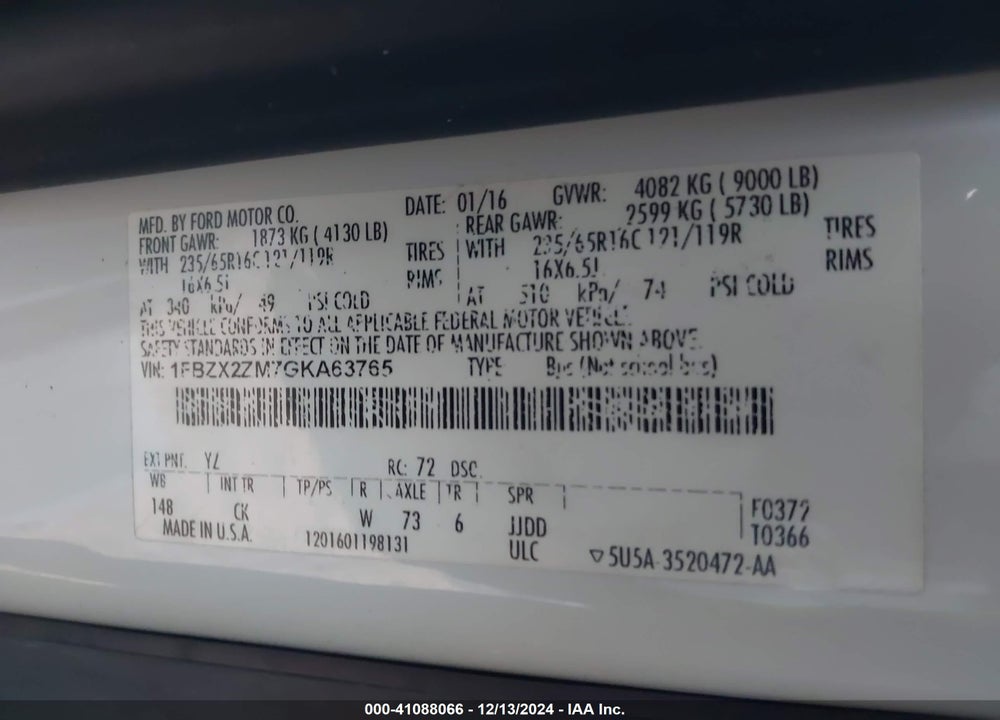 2016 FORD TRANSIT-350 VIN: 1FBZX2ZM7GKA63765