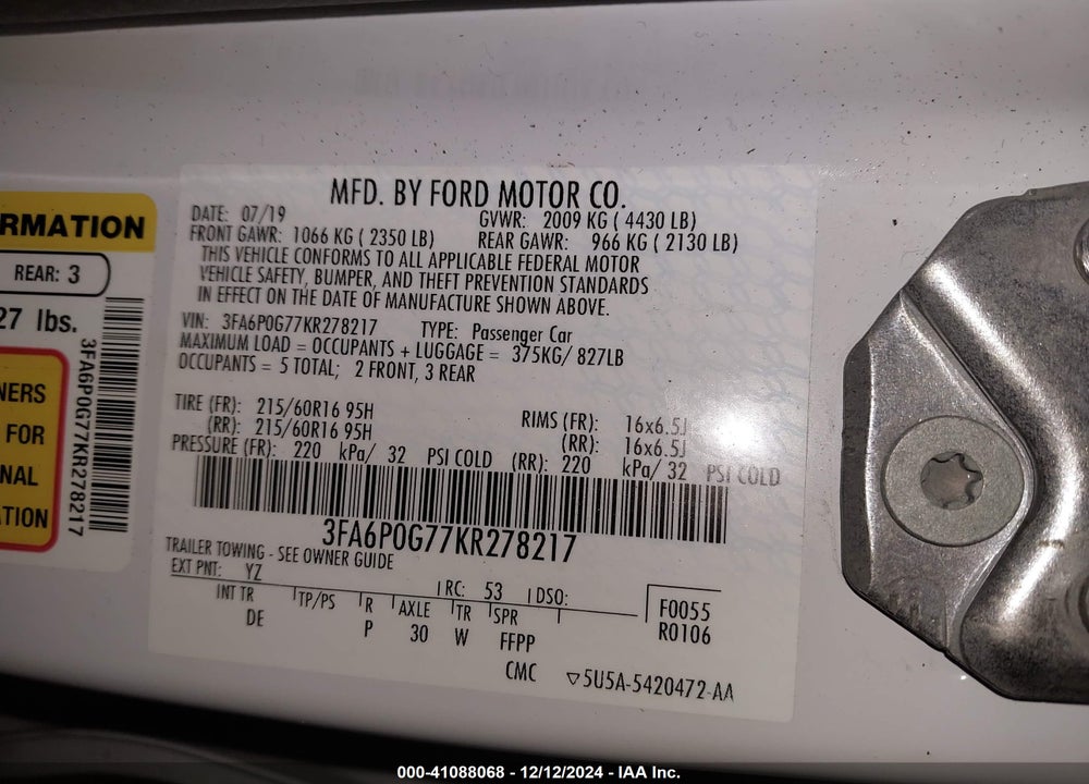 2019 FORD FUSION S VIN: 3FA6P0G77KR278217