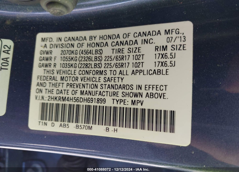 2013 HONDA CR-V VIN: 2HKRM4H56DH691899