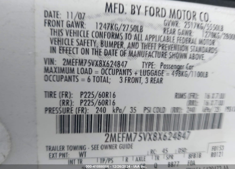 2008 MERCURY GRAND MARQUIS LS VIN: 2MEFM75VX8X624847