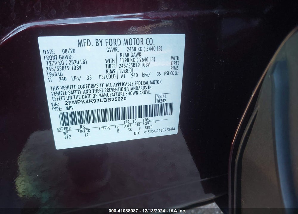 2020 FORD EDGE TITANIUM VIN: 2FMPK4K93LBB25620