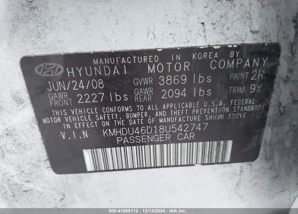 2008 HYUNDAI ELANTRA GLS/SE VIN: KMHDU46D18U542747