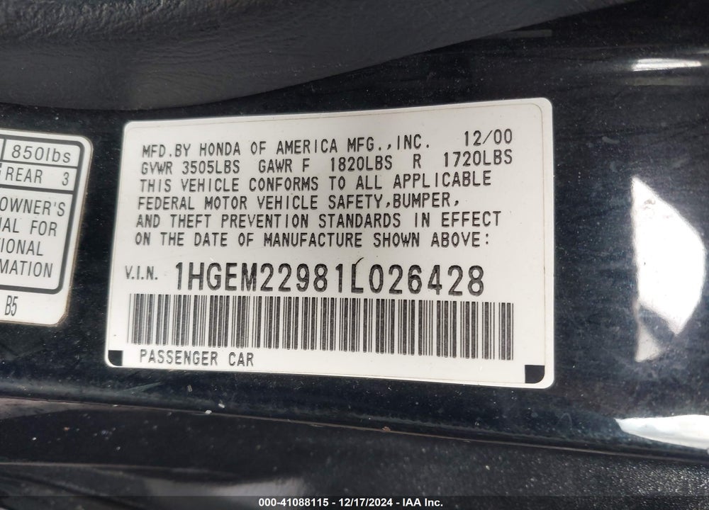 2001 HONDA CIVIC EX VIN: 1HGEM22981L026428
