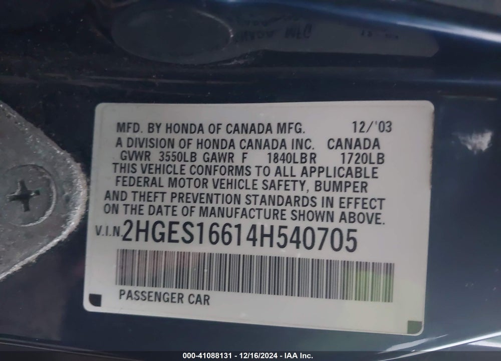 2004 HONDA CIVIC LX VIN: 2HGES16614H540705