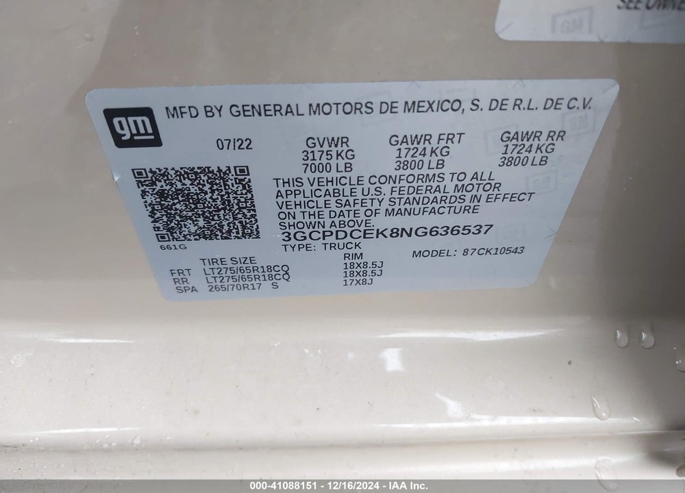 2022 CHEVROLET SILVERADO 1500 4WD SHORT BED CUSTOM TRAIL BOSS VIN: 3GCPDCEK8NG636537