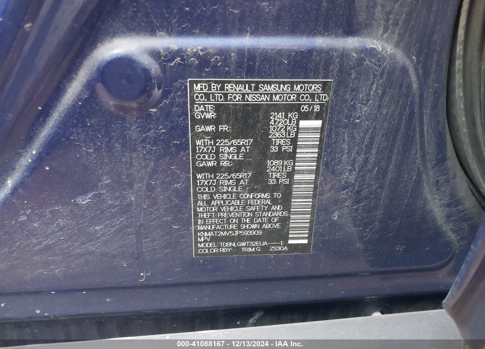 2018 NISSAN ROGUE SV VIN: KNMAT2MV5JP593909
