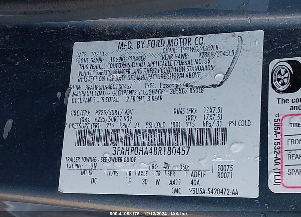 2011 FORD FUSION SE VIN: 3FAHP0HA4BR180457
