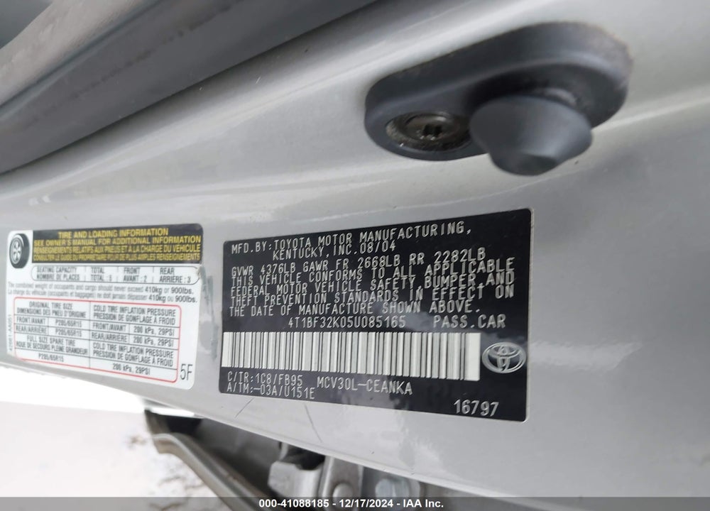 2005 TOYOTA CAMRY LE V6 VIN: 4T1BF32K05U085165