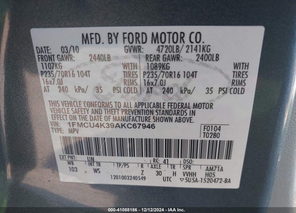 2010 FORD ESCAPE HYBRID LIMITED VIN: 1FMCU4K39AKC67946