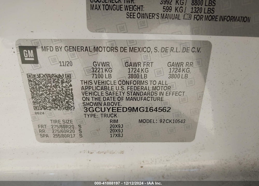 2021 CHEVROLET SILVERADO 1500 4WD SHORT BED RST VIN: 3GCUYEED9MG164562